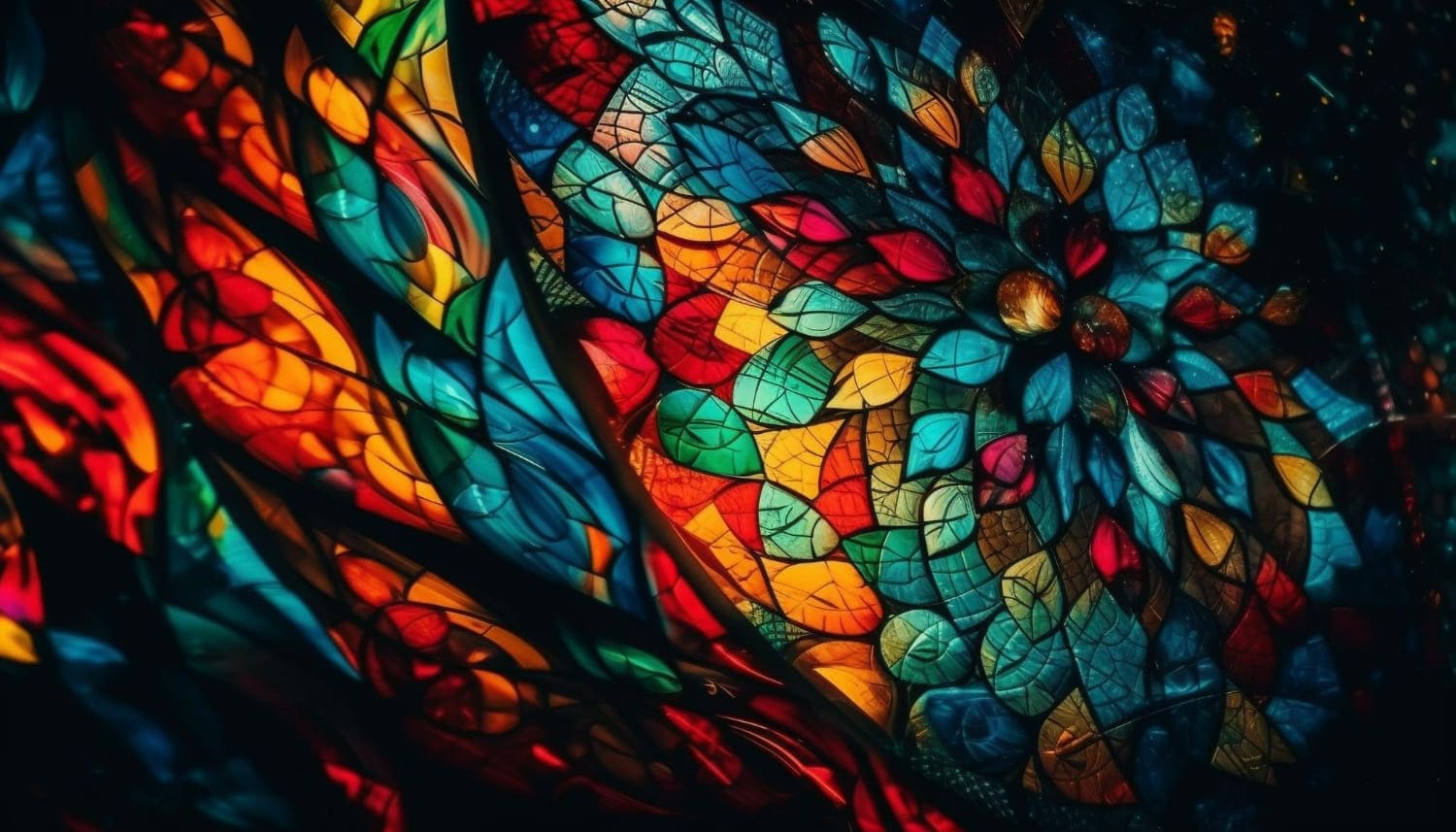 Detail of a bespoke stained glass panel with crossing bands of blue, red and amber glass
